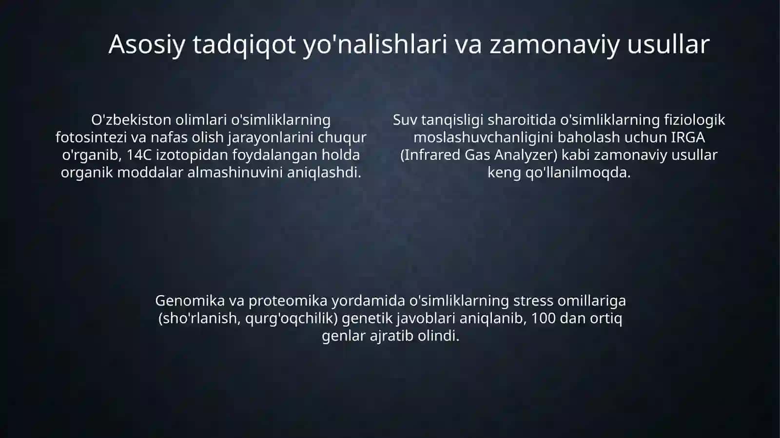 Oʻsimliklar fiziologiyasiga hissa qoʻshgan oʻzbek olimlarini olib borgan ilmiy tadqiqot ishlari 4