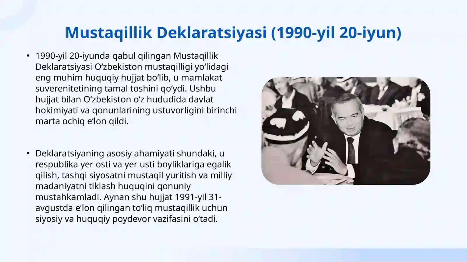 Oʻzbekiston Respublikasi tashkil topishi va uning tarixiy ahamiyati. Oʻzbekistonning oʻziga xos istiqlol va taraqqiyot yoʻli 4