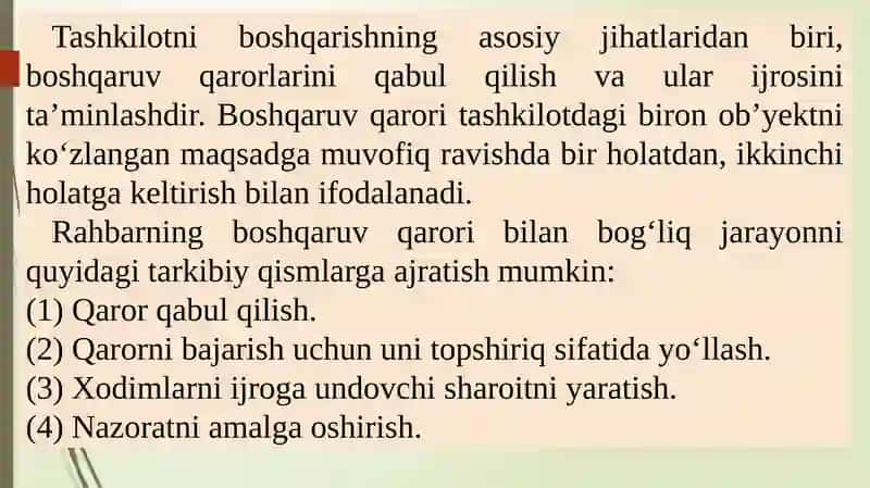 Boshqaruvda qaror qabul qilish. Boshqaruvdagi muammolarni hal qilish strategiyalari va taktikalari. Mehnat motivatsiyasi. 4