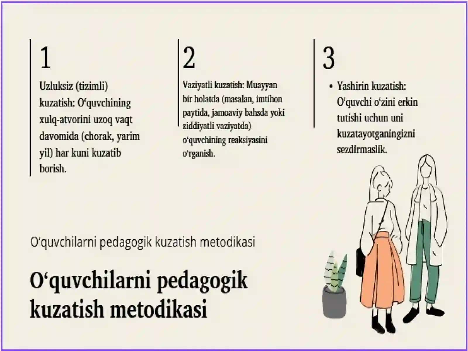 O‘quvchilarni pedagogik kuzatish metodikasi. O‘quvchilarning shaxsiy varaqasi bilan tanishish. 4
