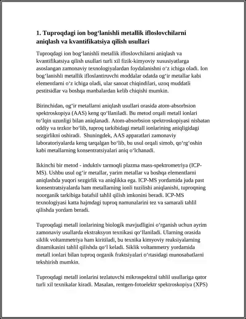 Tuproqdagi ion bog‘lanishli metallik ifloslovchilarni aniqlash va kvantifikatsiya qilish usullari 4