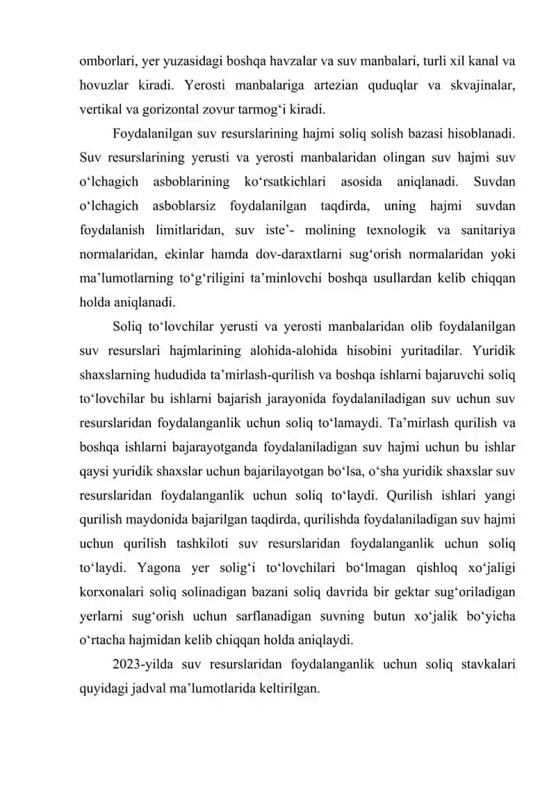 SUV RESURSLARIDAN FOYDALANGANLIK UCHUN SOLIQNI HISOBLAB CHIQARISH VA SOLIQ HISOBOTINI TAQDIM ETISH TARTIBI 4