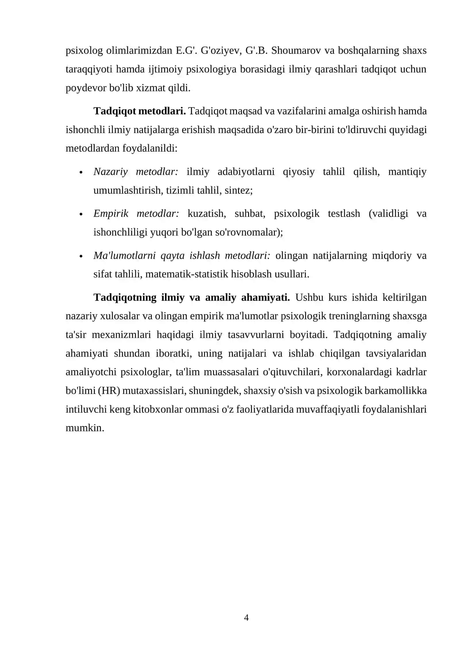 Shaxsga psixologik treninglarning ta'siri mavzusidagi kurs ishi 4