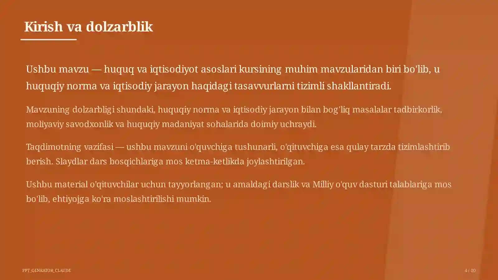 Huquq va iqtisodiyot asoslari (9–11) — o'qituvchilar uchun 4