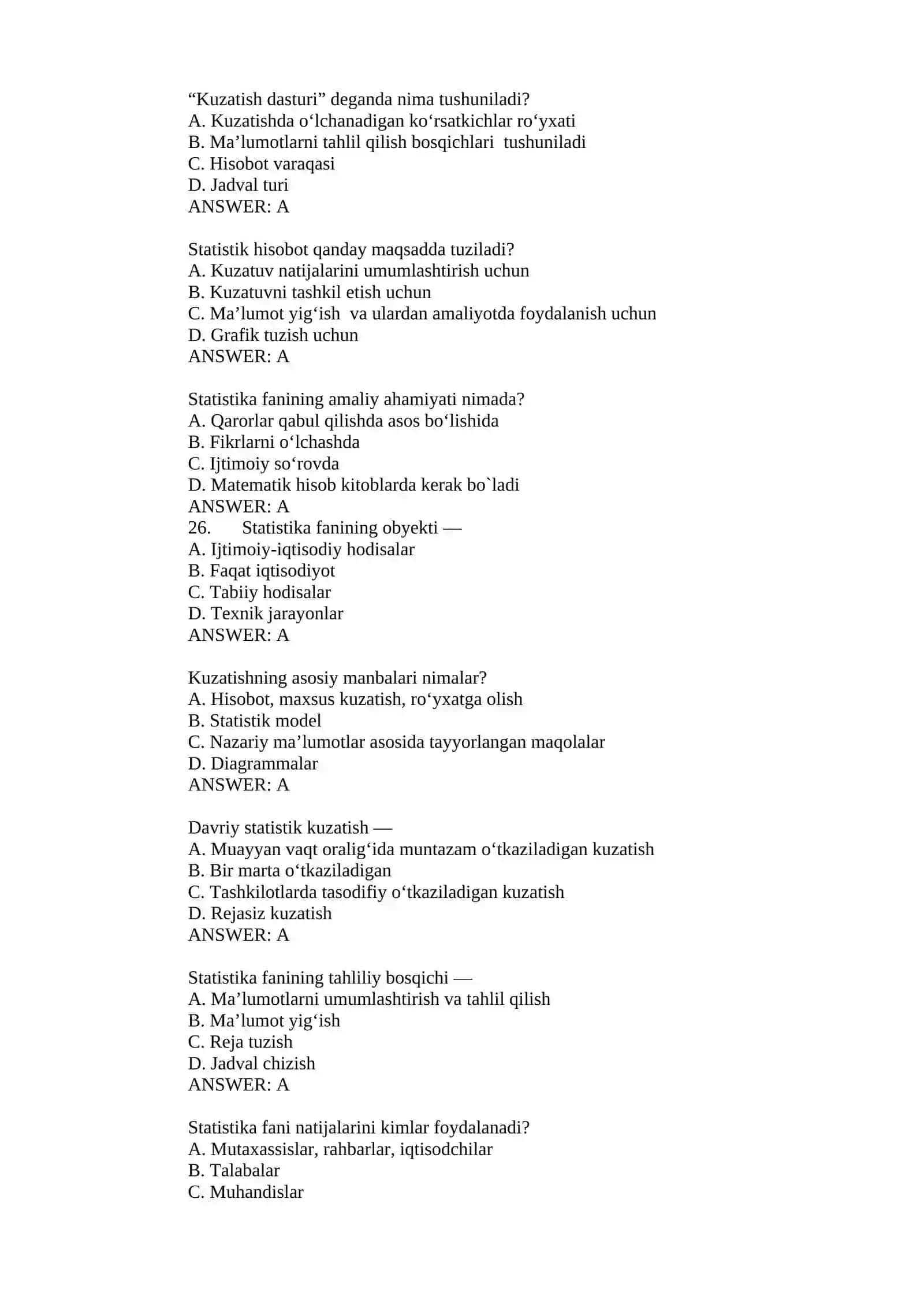 STATISTIKA FANI YAKUNIY NAZORAT TEST lari 4