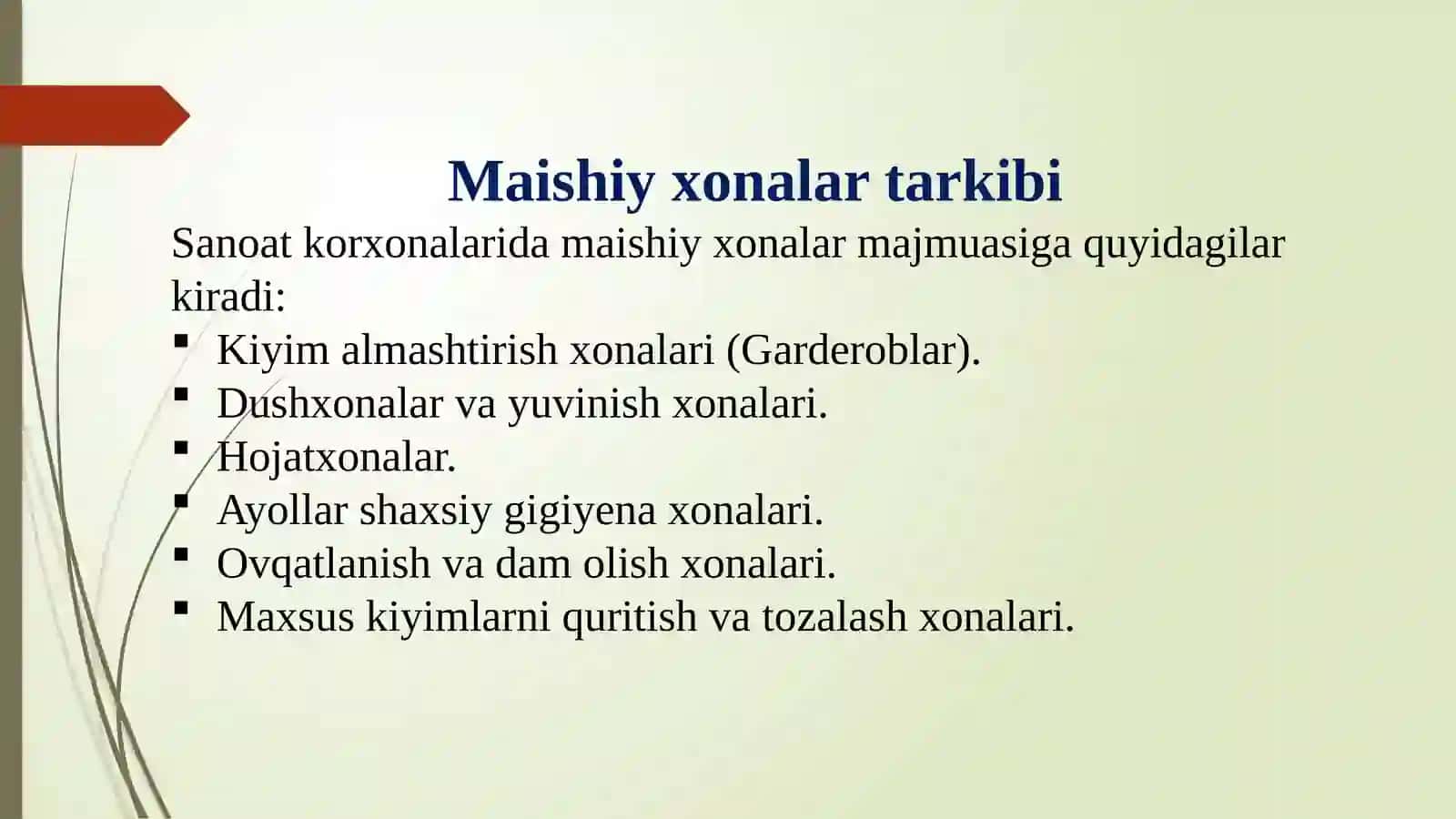 Ishlab chiqarish obektlarida maishiy xizmat xonalari va ularga
qoyiladigan gigienik talablar. 4