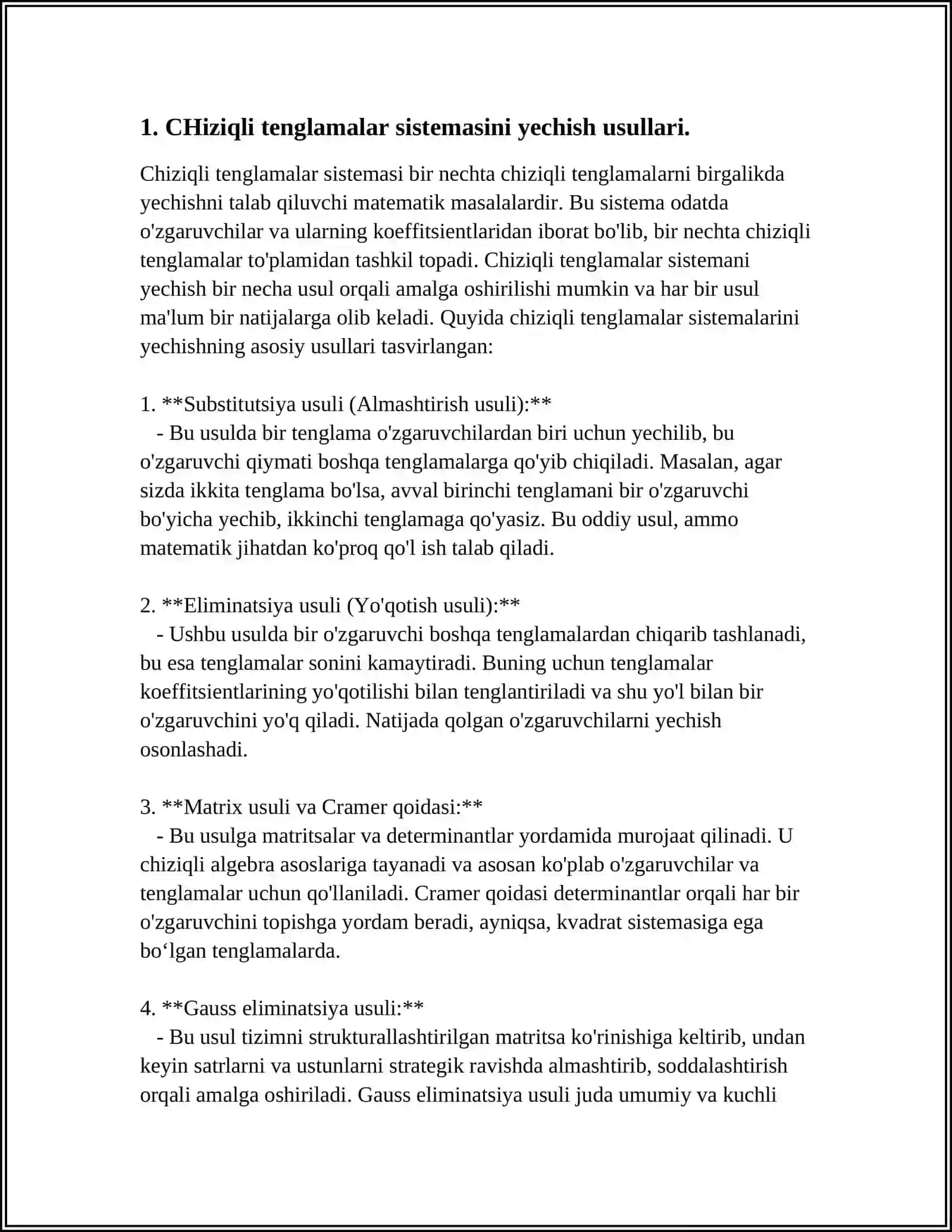 CHIZIQLI ALGEBRAIK TENGLAMALAR SISTEMASINI YECHISH VA TEKSHIRISH 4