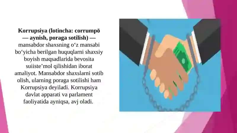 Korrupsiyaga qarshi kurash borasida O’zbekiston Respublikasi davlat siyosatining asosiy yo’nalishlari (TAQDIMOT) 4