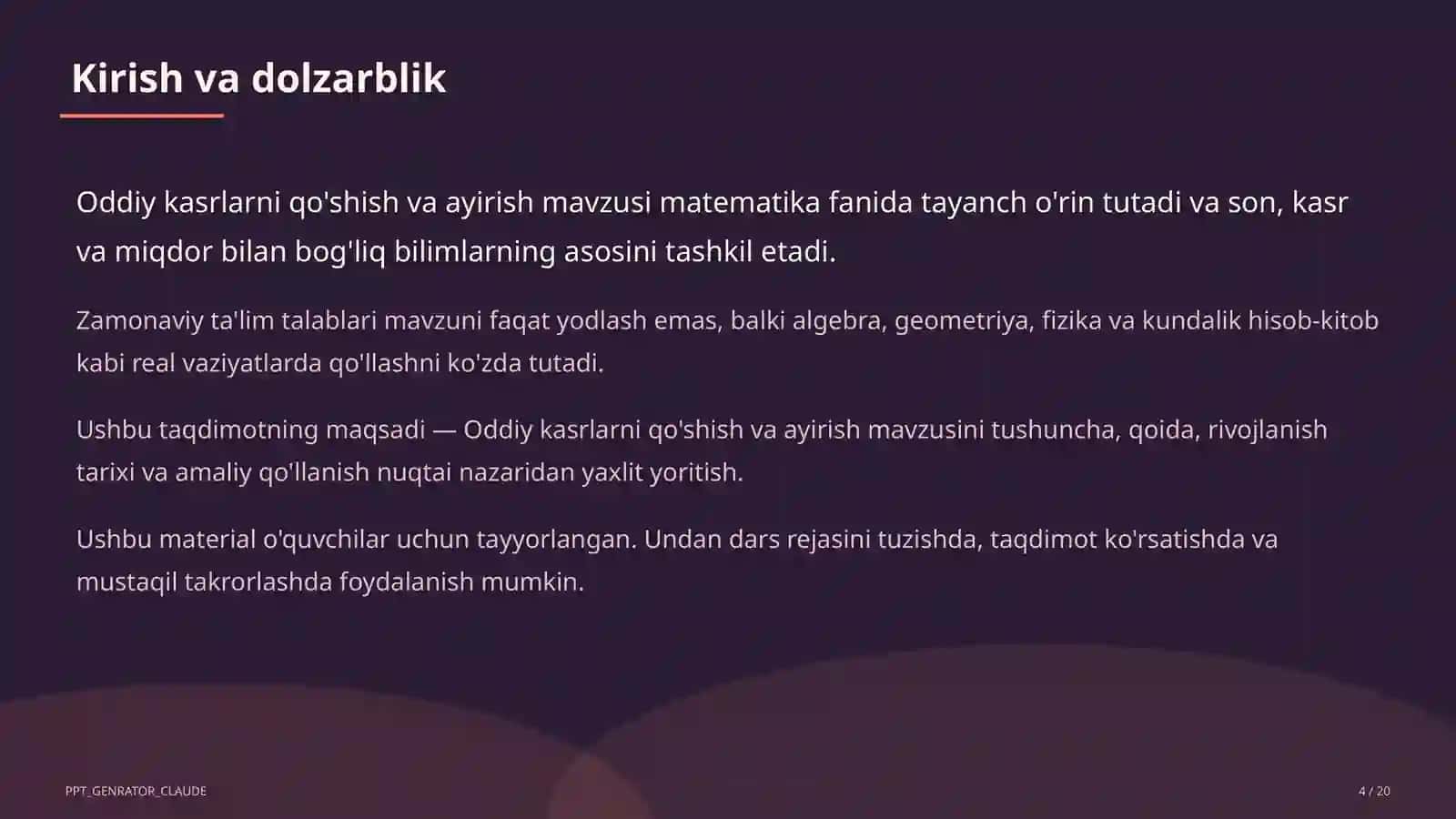 Oddiy kasrlarni qo'shish va ayirish (5-sinf) 4