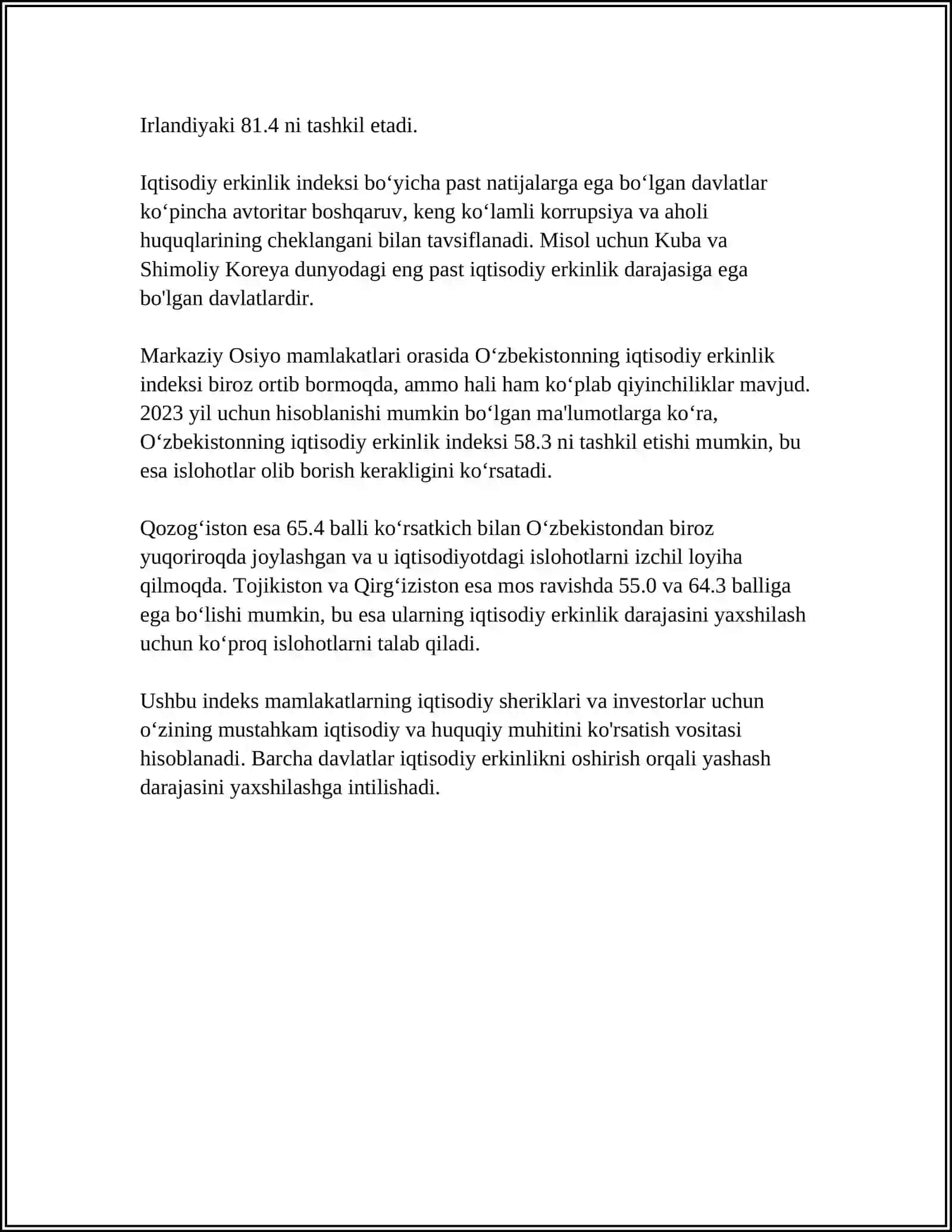 O‘ZBEKISTON RESPUBLIKASINING XALQARO REYTING VA INDEKISLARDAGI OʻRNI VA NUFUZINI ORTIB BORISHI 4