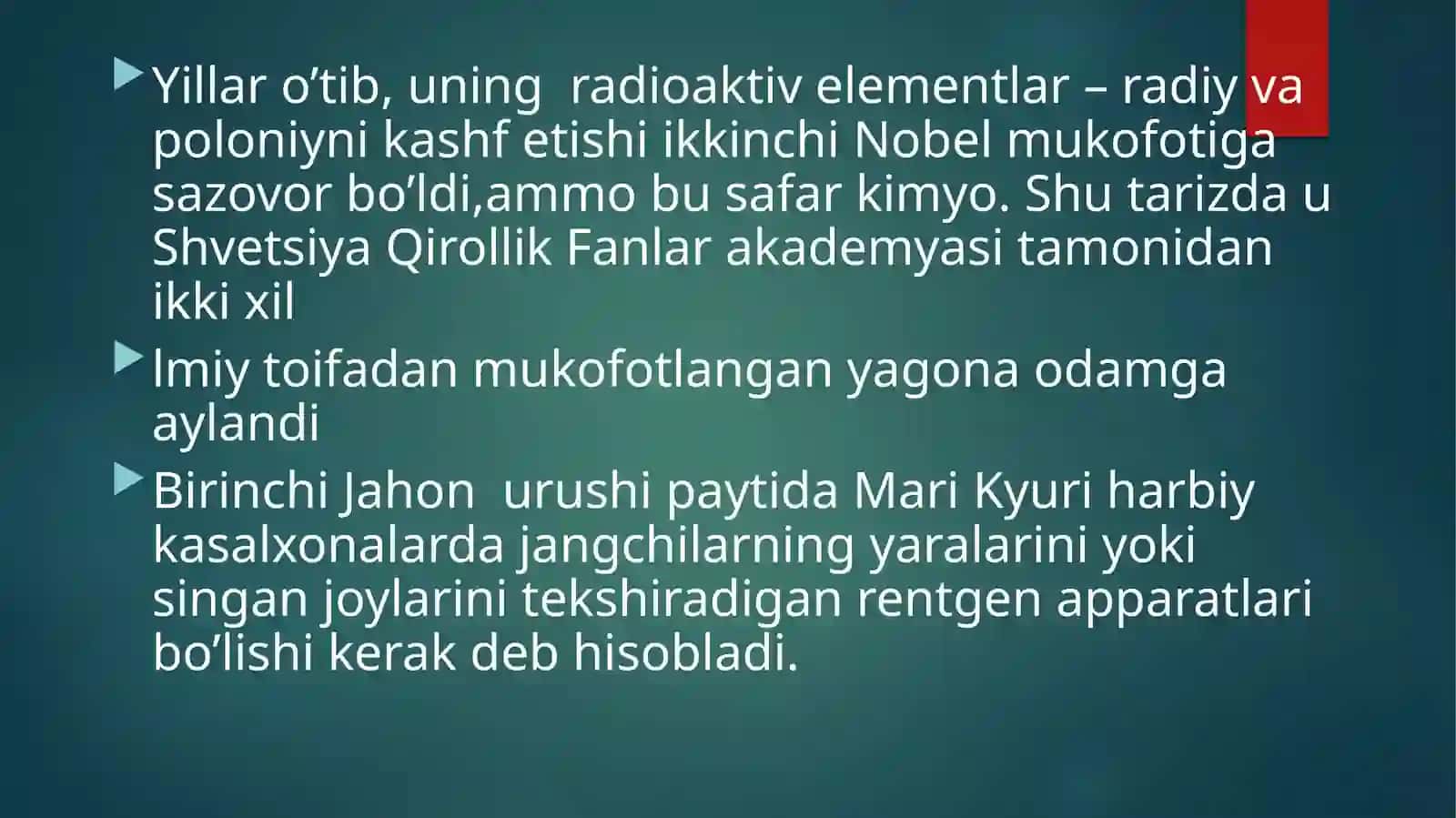 M. Kyurining kimyoviy kashfiyoti Radiy birikmalarining xossalari 4