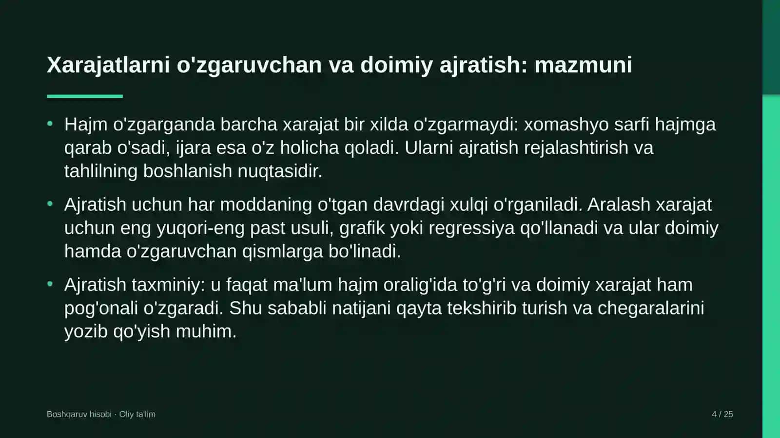 Kitob do'konlarida xarajatlarni o'zgaruvchan va doimiy qismlarga ajratish 4