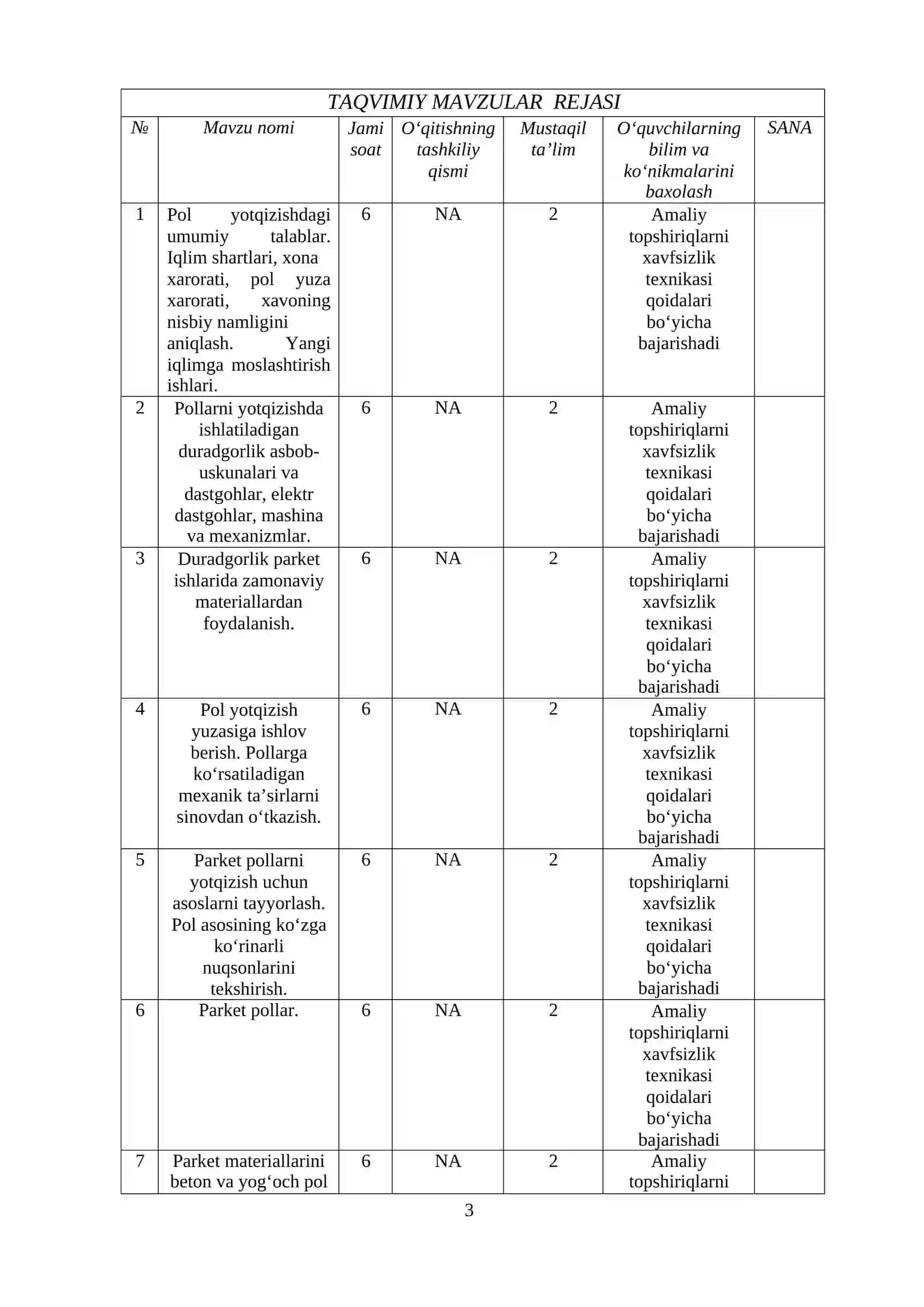 PARKET YOTQIZISH ISHLARI O'QUV AMALIYOTI FANIDAN O‘QITISH MATERIALLARI TO‘PLAMI 4