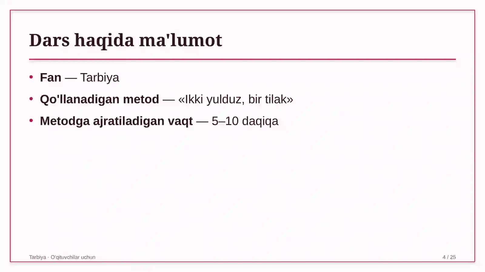 tarbiya darslarida ikki yulduz bir tilak metodidan foydalanish 5102 4