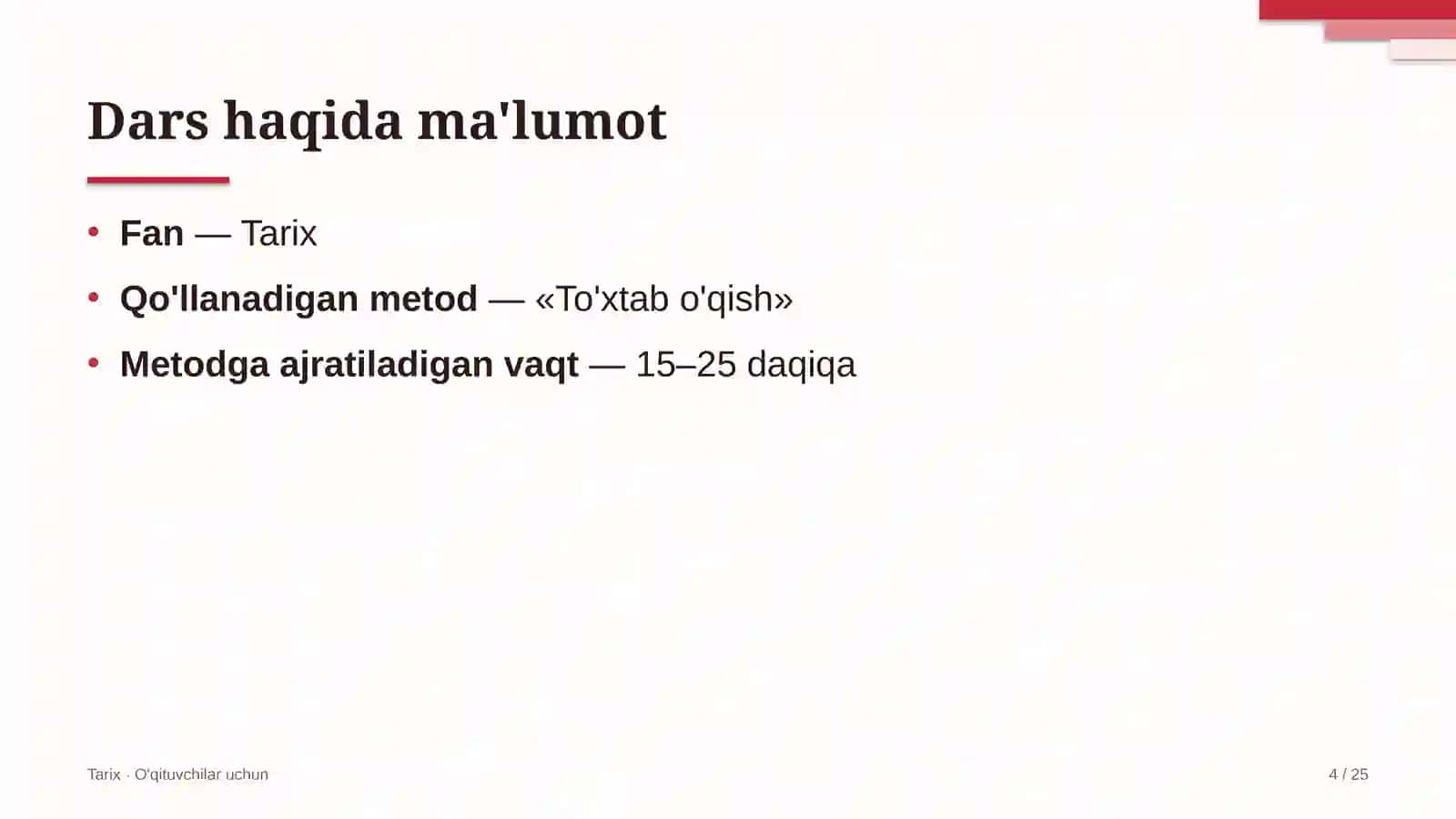 tarix darslarida to'xtab o'qish metodidan foydalanish 1315 4