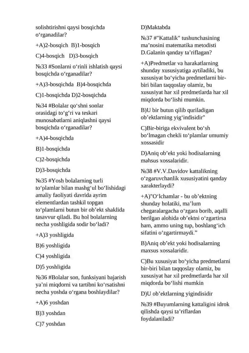 Matematik tasavvurlarni shakllantirish metodikasi fanidan 500 ta test 4