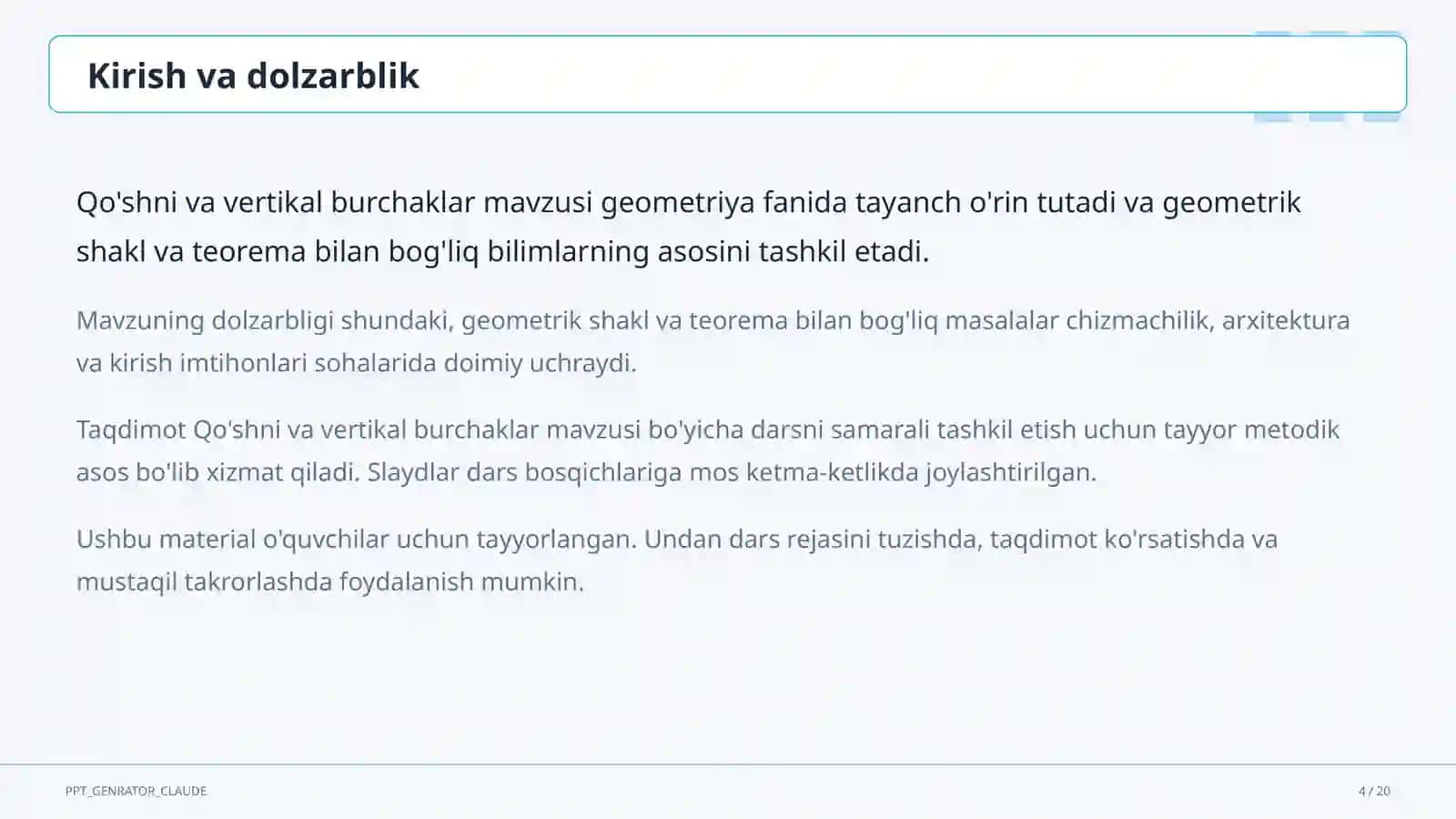 Qo'shni va vertikal burchaklar (7-sinf) 4