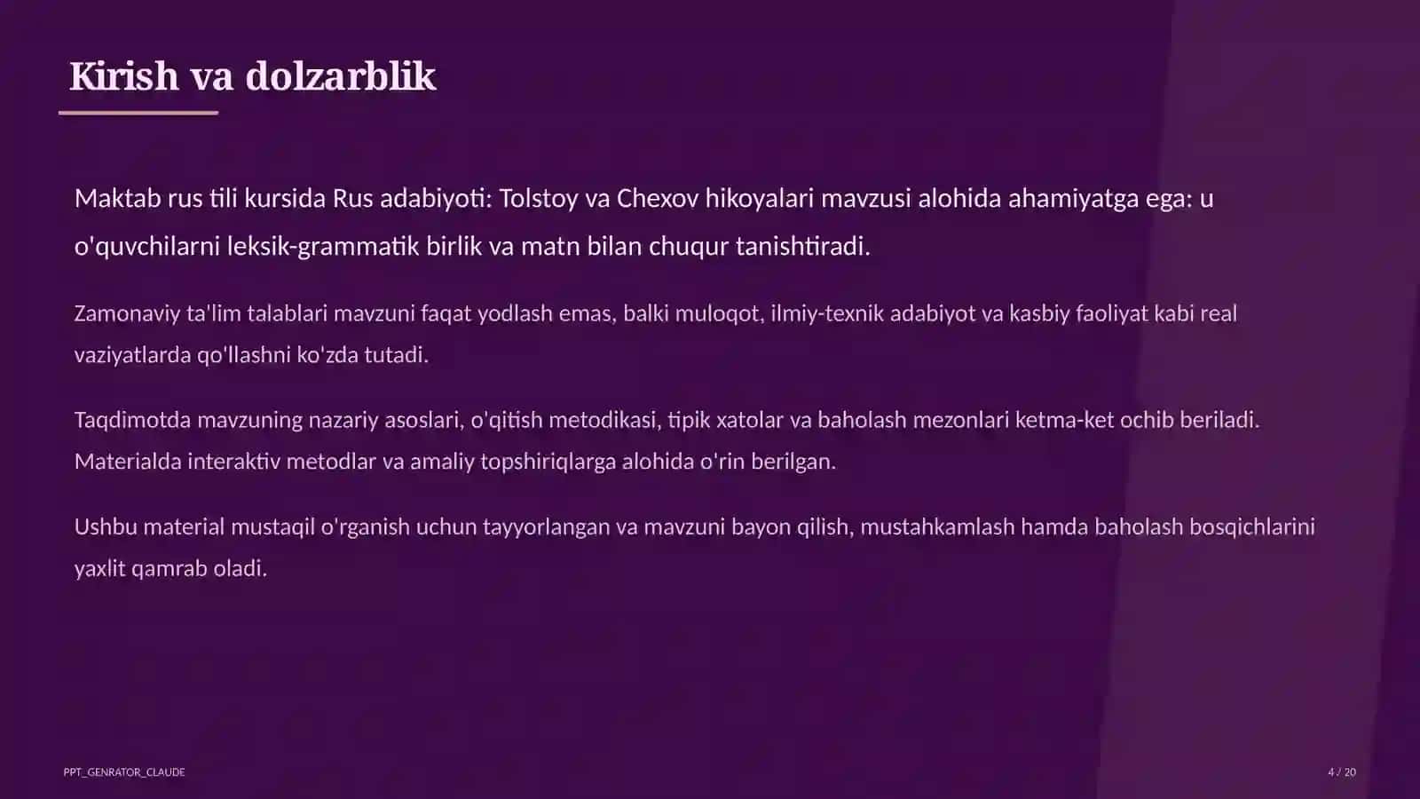 Rus adabiyoti: Tolstoy va Chexov hikoyalari (10-sinf) 4