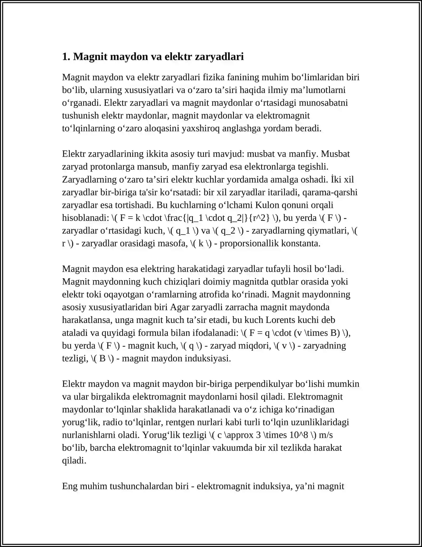 BIO-SAVAR-LAPLAS QONUNI. HARAKATLANUVCHI ZARYADNING MAGNIT MAYDONI 4
