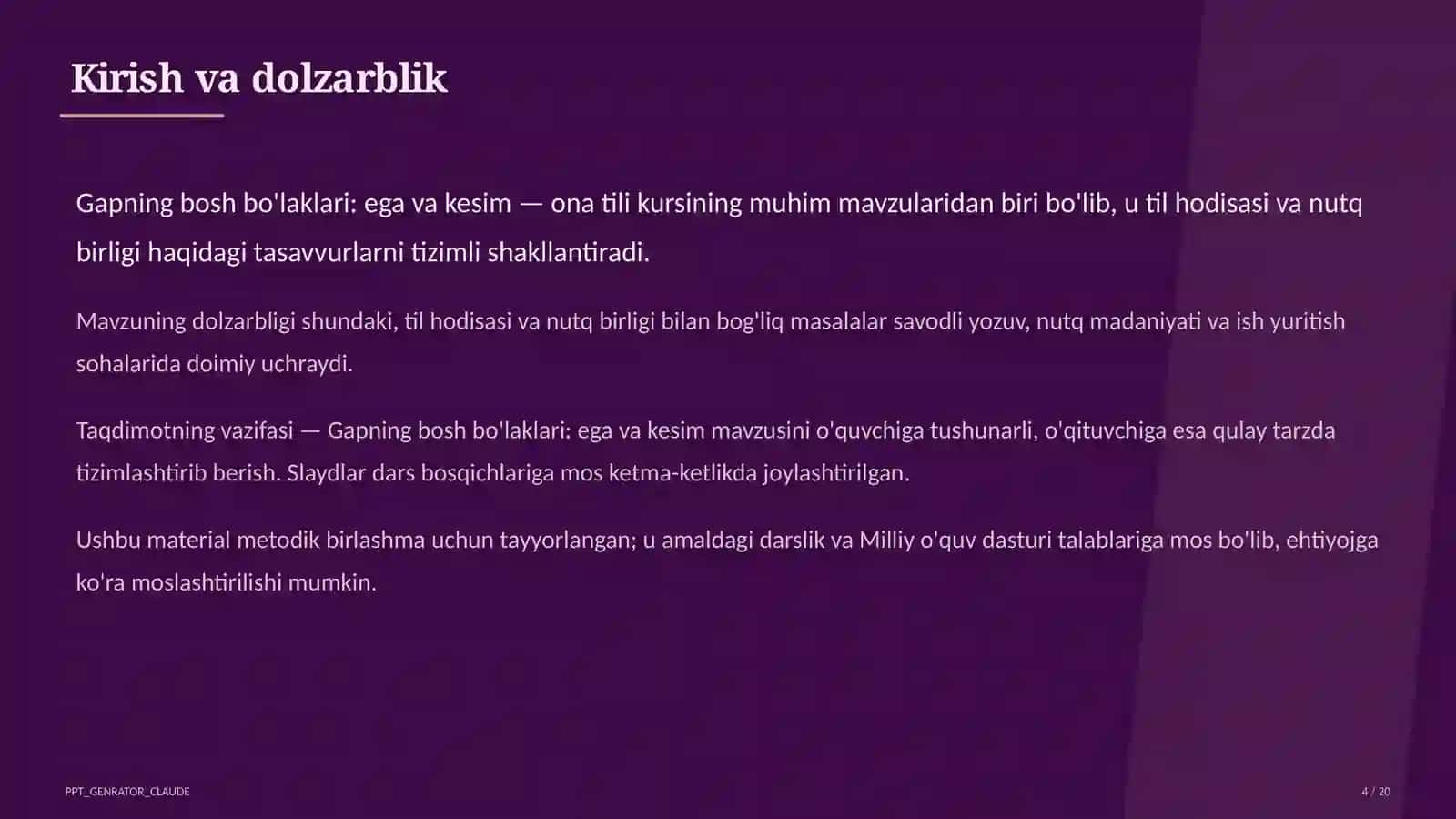 Gapning bosh bo'laklari: ega va kesim (8-sinf) 4