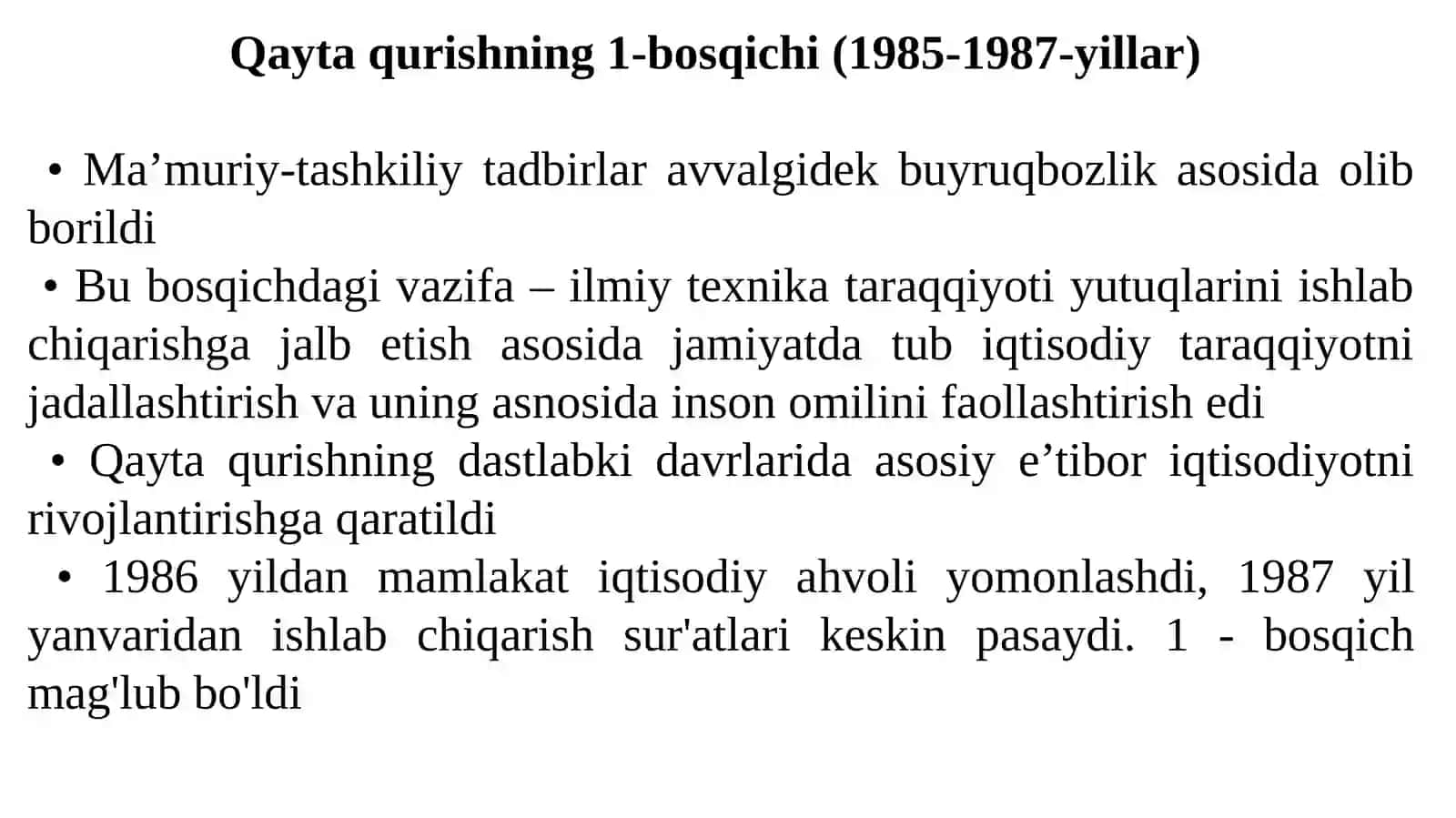 Mustaqillikka erishish arafasida O‘zbekistondagi ijtimoiy-siyosiy jarayonlar. Mustaqil O‘zbekiston Respublikasining tashkil topishi va uning tarixiy ahamiyati . O‘zbekistonning o‘ziga xos istiqlol yo‘li 4