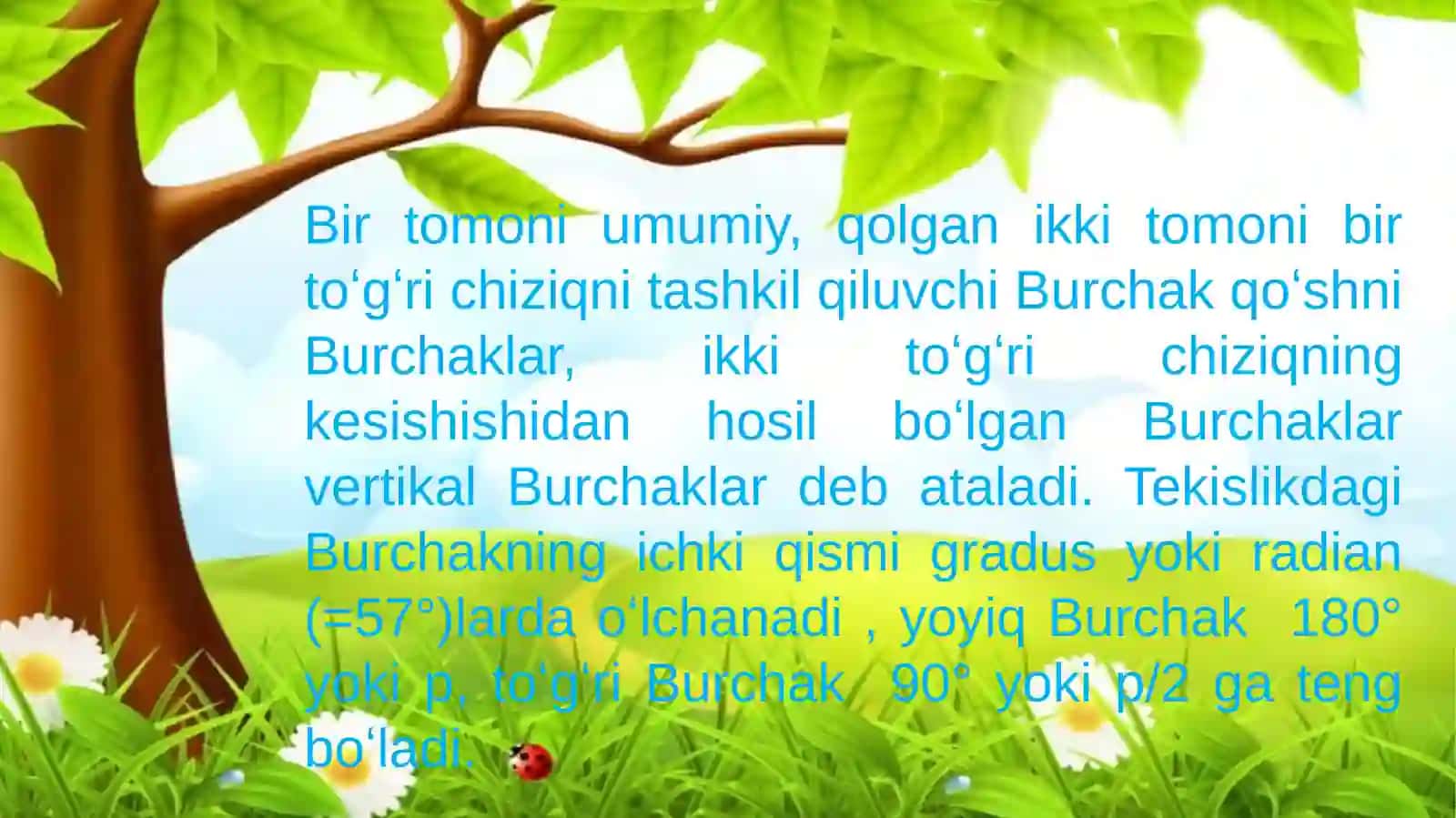Matematika - Burchak turlari, Yoyiq burchak va gradusi 4