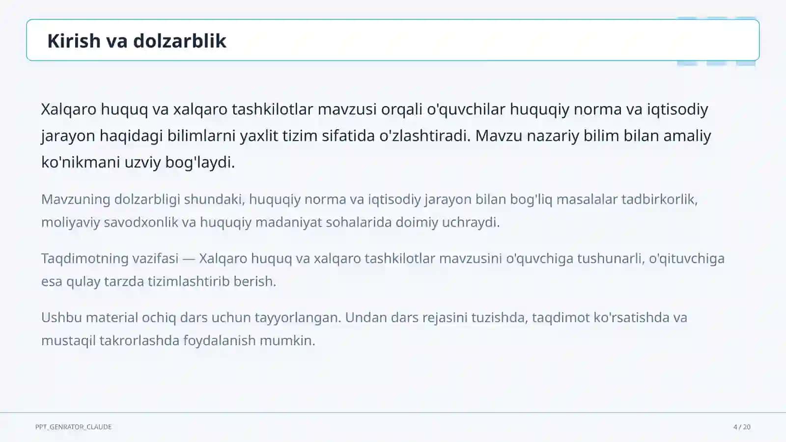 Huquq va iqtisodiyot asoslari (9–11) — ochiq dars uchun 4