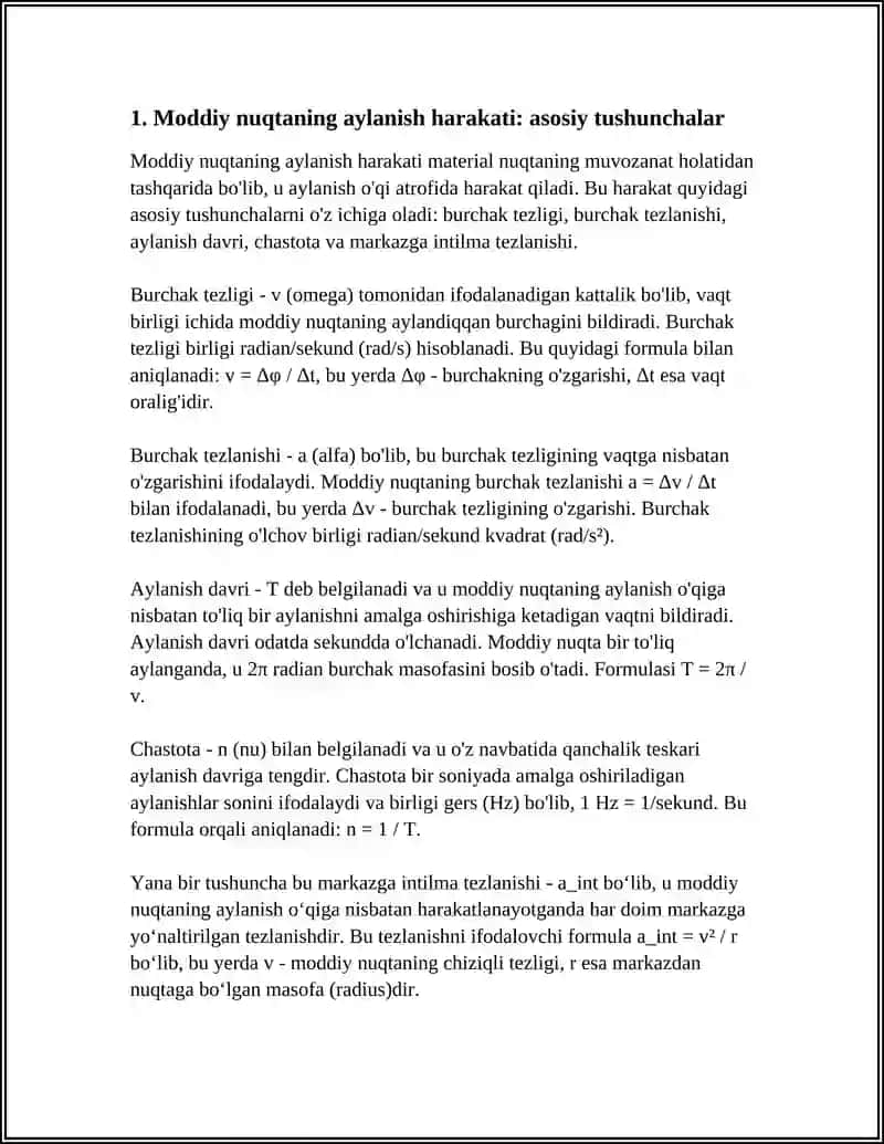 MODDIY NUQTANING AYLANMA HARAKATI VA EGRI CHIZIQLI TENGENSIAL, NORMAL VA TO'LA TEZLANISHLAR 4