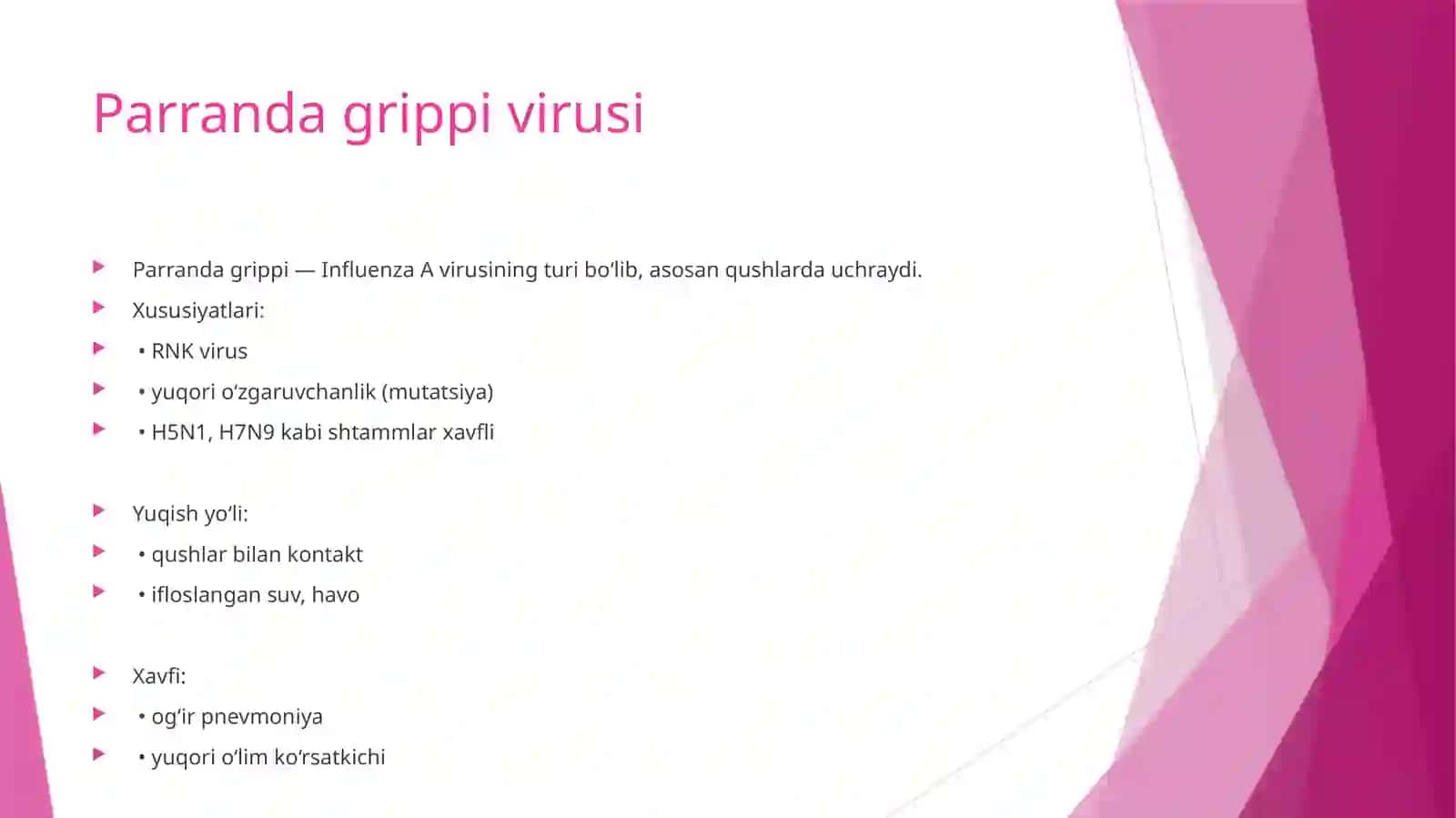 Parrandavacho‘chqagrippiviruslari, respirator-sinsitsialvirusvarinovirus:hozirgimuammolari,keltiribchiqaradigankasalliklarivalaboratortashhisi 4