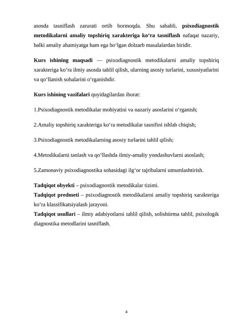 Mavzu: Amaliy topshiriq xarakteriga ko’ra psixodiagnostik metodikalar klassifikatsiyasi 4