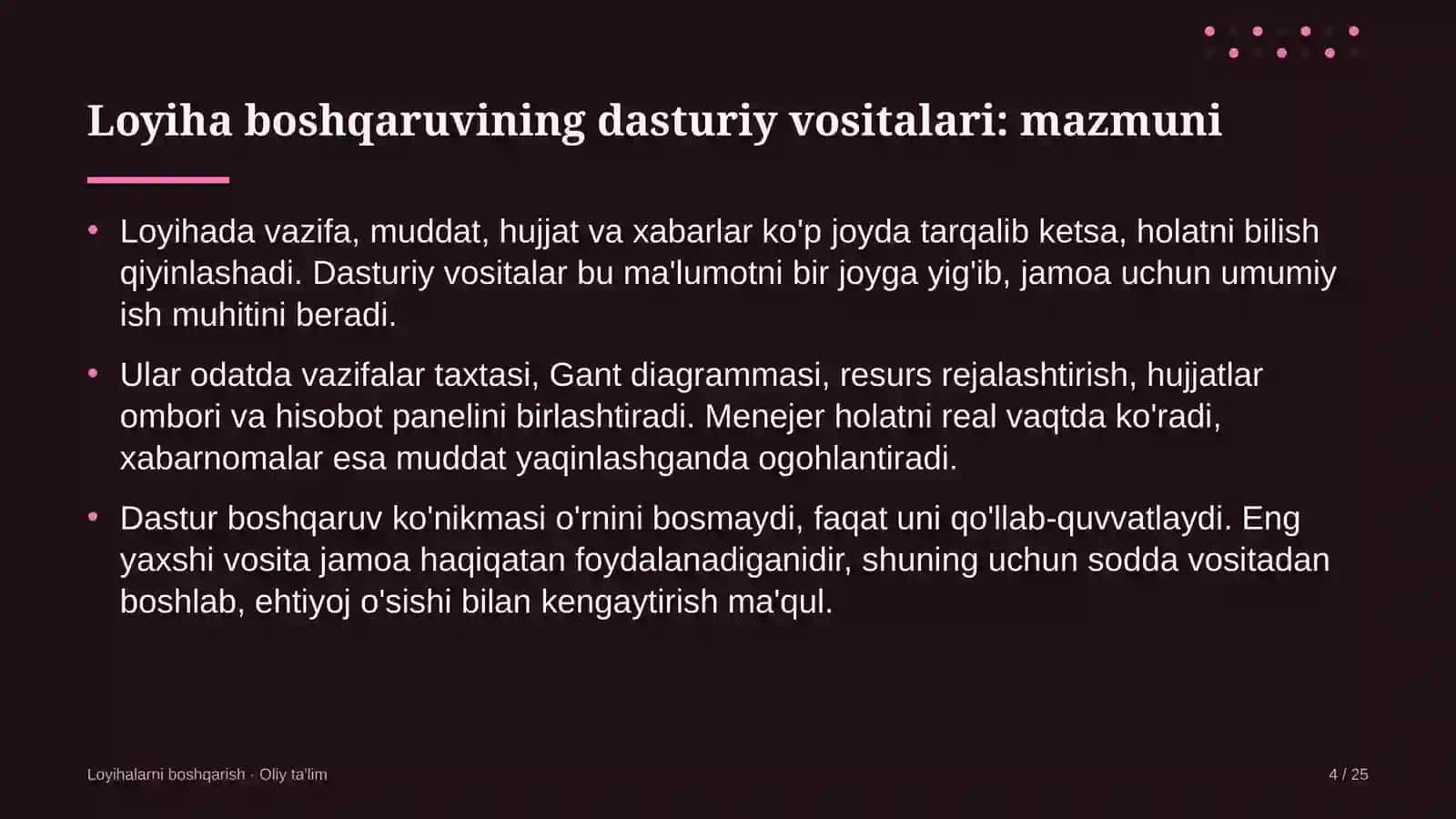 Bandlikka ko'maklashish markazlarida loyiha boshqaruvining dasturiy vositalari 4
