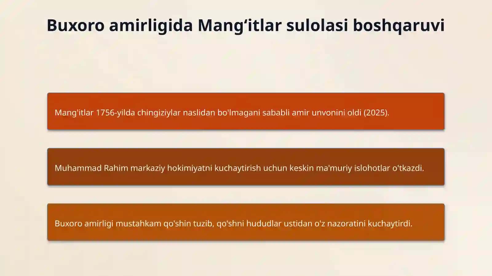 Oʻrta Osiyoda 3 xonlik davri Buxoro amirligi Xiva xonligi Qoʻqon xonliklari 4