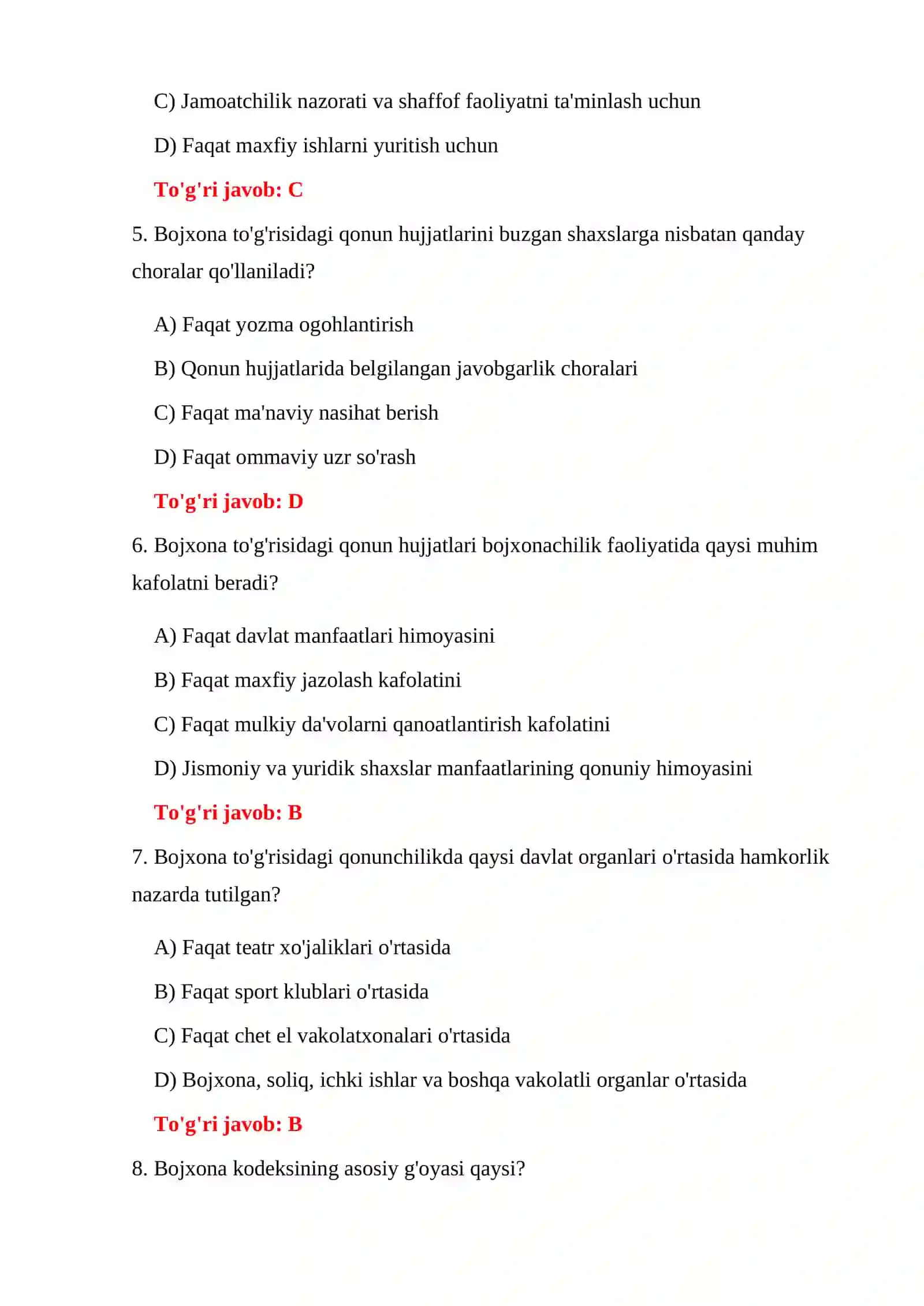 Bojxona Qonunchiligi Nazorat Testlari 4