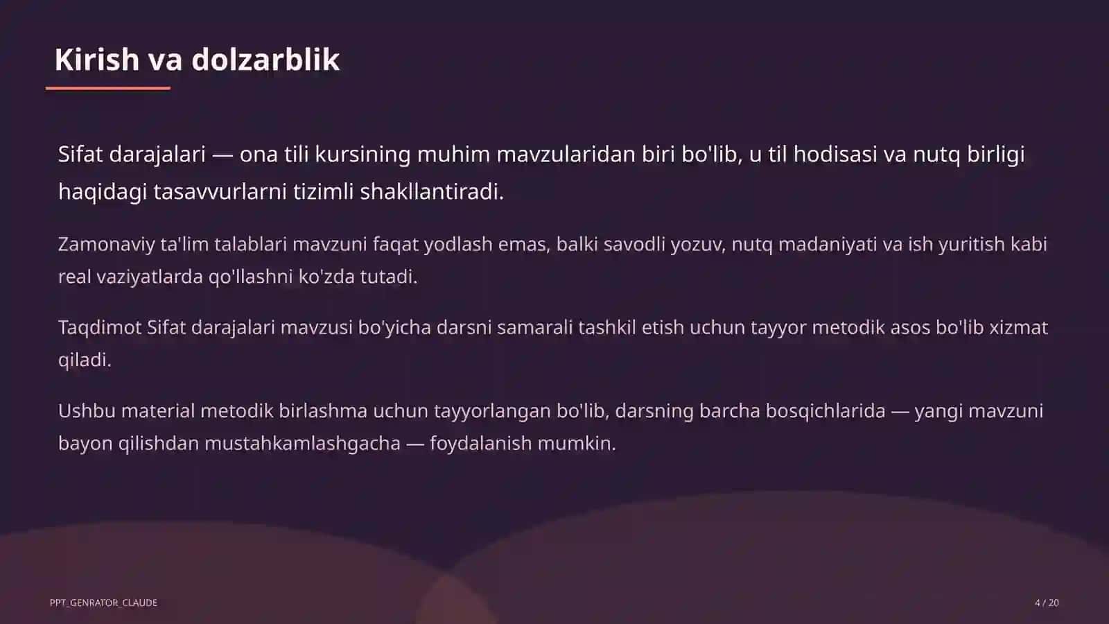 Sifat darajalari (6-sinf) - Ona tili (5–11) — metodik birlashma uchun 4