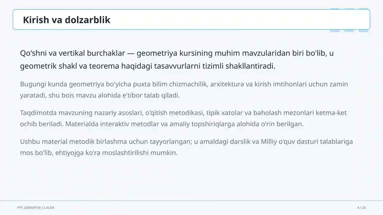 Qo'shni va vertikal burchaklar (7-sinf) 4