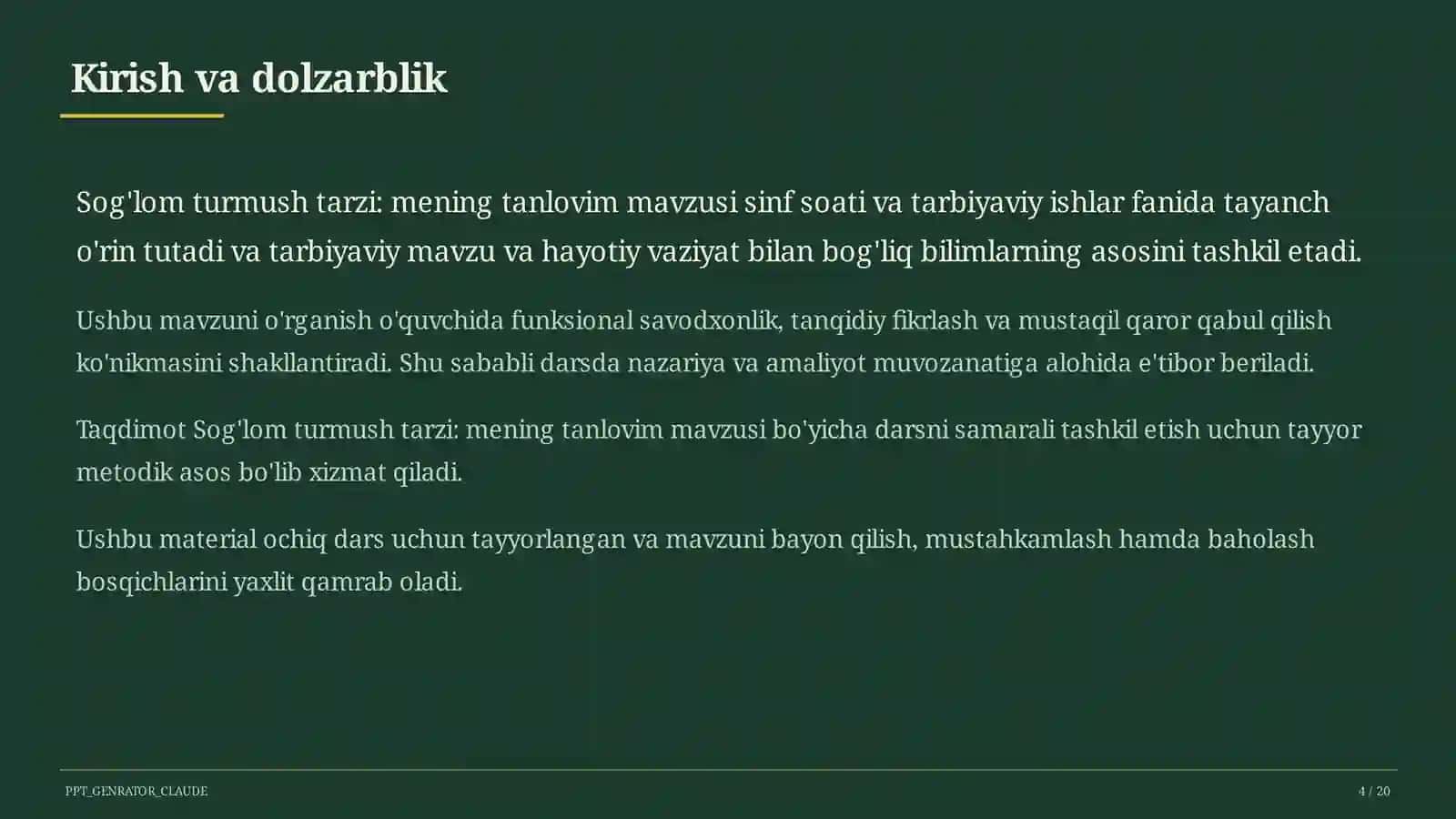 Sinf soati va tarbiyaviy tadbirlar (1–11) — ochiq dars uchun 4