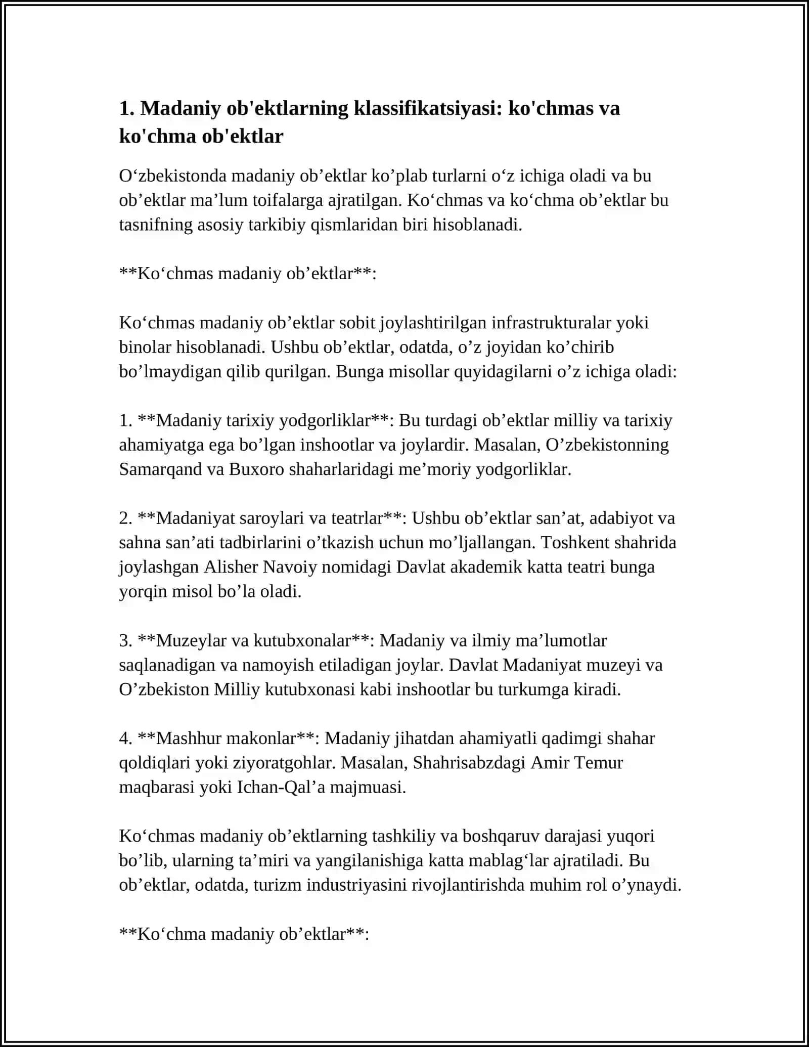 O‘ZBEKISTONDA MADANIY OB‘EKTLAR VA ULARNING FAOLIYATI TASNIFI 4