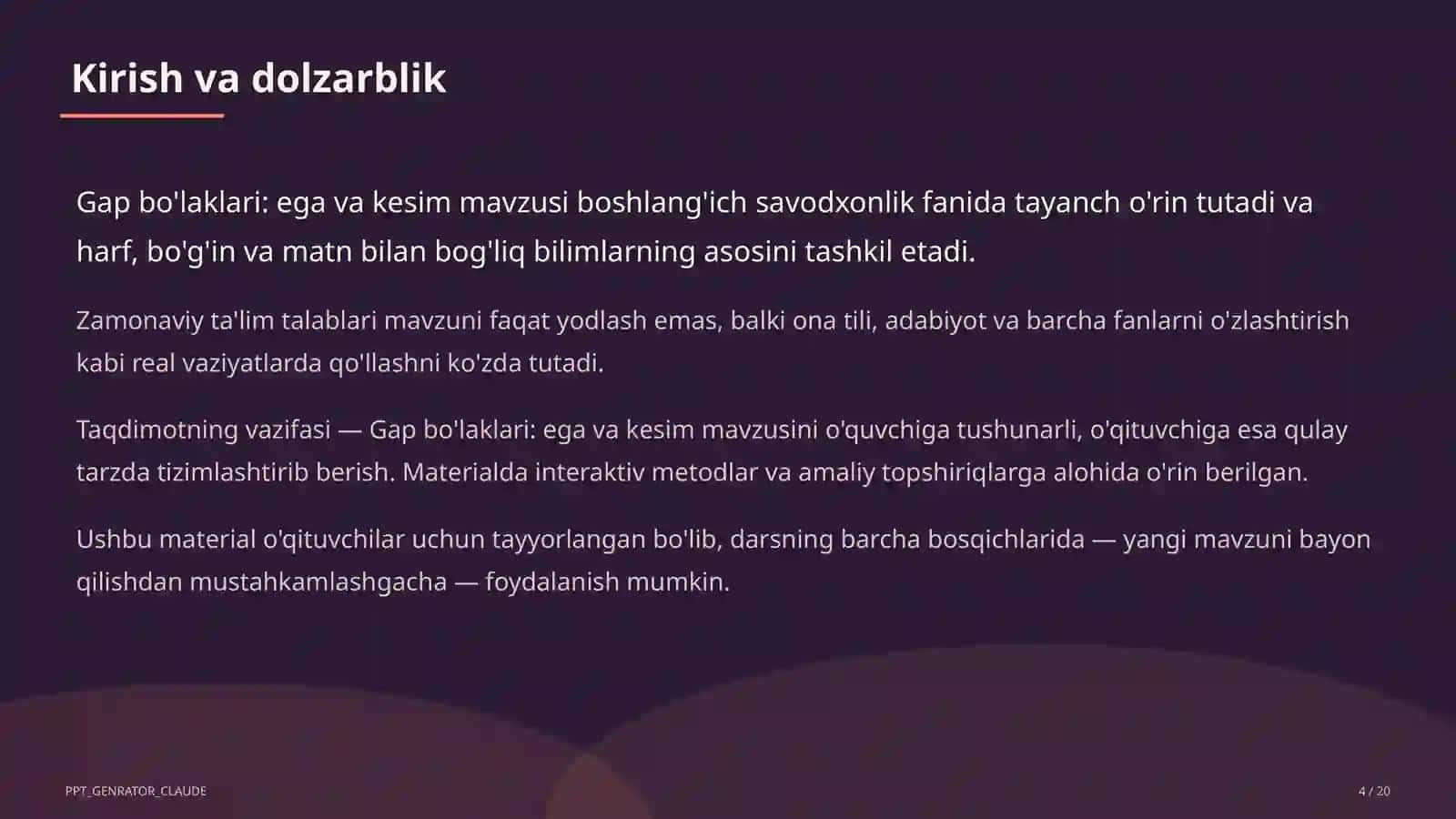 Gap bo'laklari: ega va kesim (4-sinf) 4