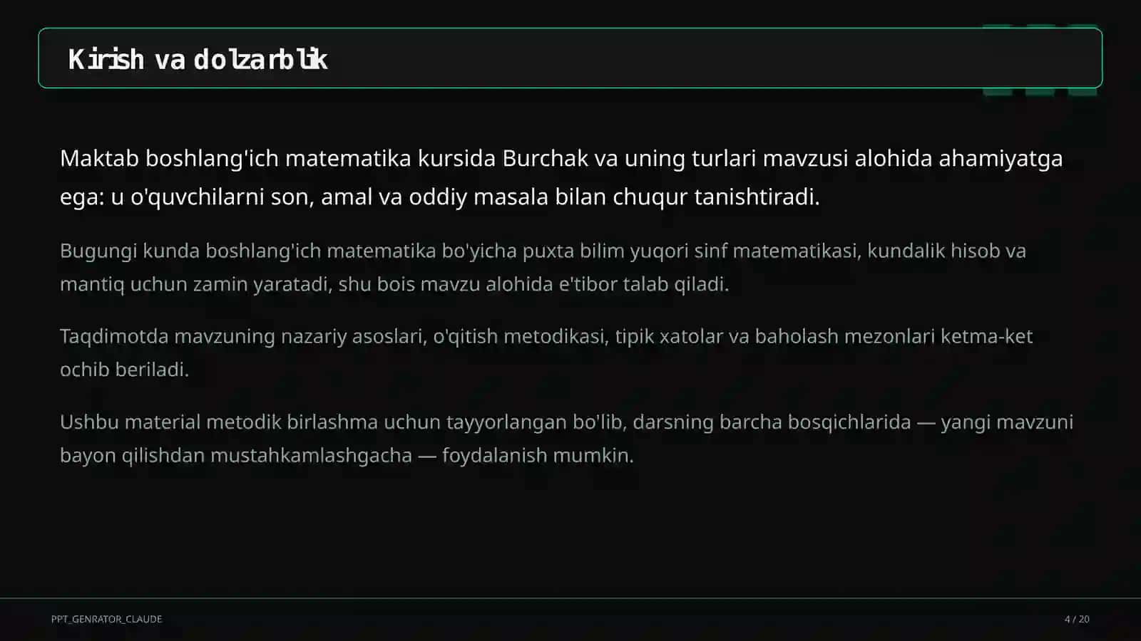 Burchak va uning turlari (4-sinf) 4