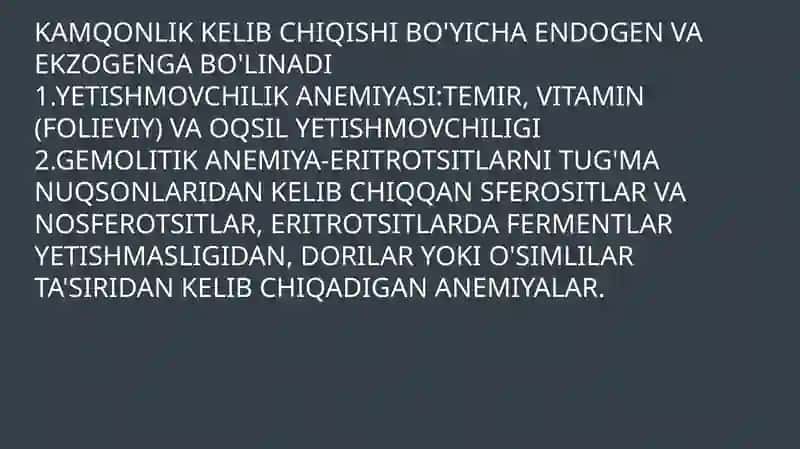 TANQISLIK ANEMIYASI. ETIOLOGIYA, PATOGENEZI, KLINIK BELGILARI, PROFILAKTIKA 4