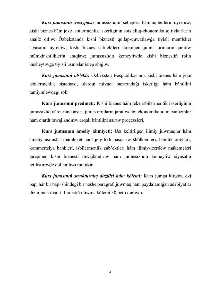 Jumıssızlıqtıń aldın alıwda kishi biznes hám jeke isbilermenliktiń tutqan ornı hám áhmiyeti 4