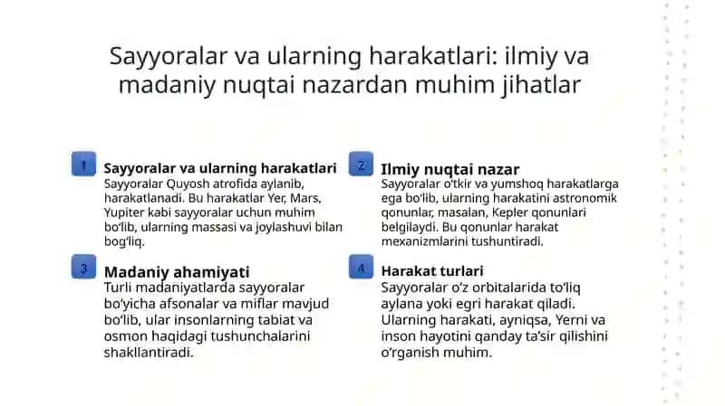 Tabiat haqida asosiy tushunchalar va tabiat komponentlari. Quyosh sistemasi va sayyoralar. Yer, uning shakli va harakati. Yerning o'z o'qi atrofida va Quyosh atrofida aylanishi. 4
