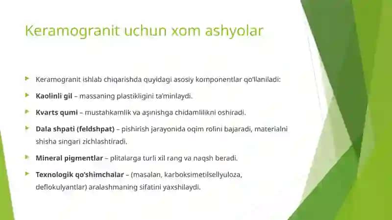 Keramogranit olish texnologiyasi. Keramogranit uchun xom ashyolar. Sunʼiy pardozbop rangli tashqi yuzalar uchun materiallar 4