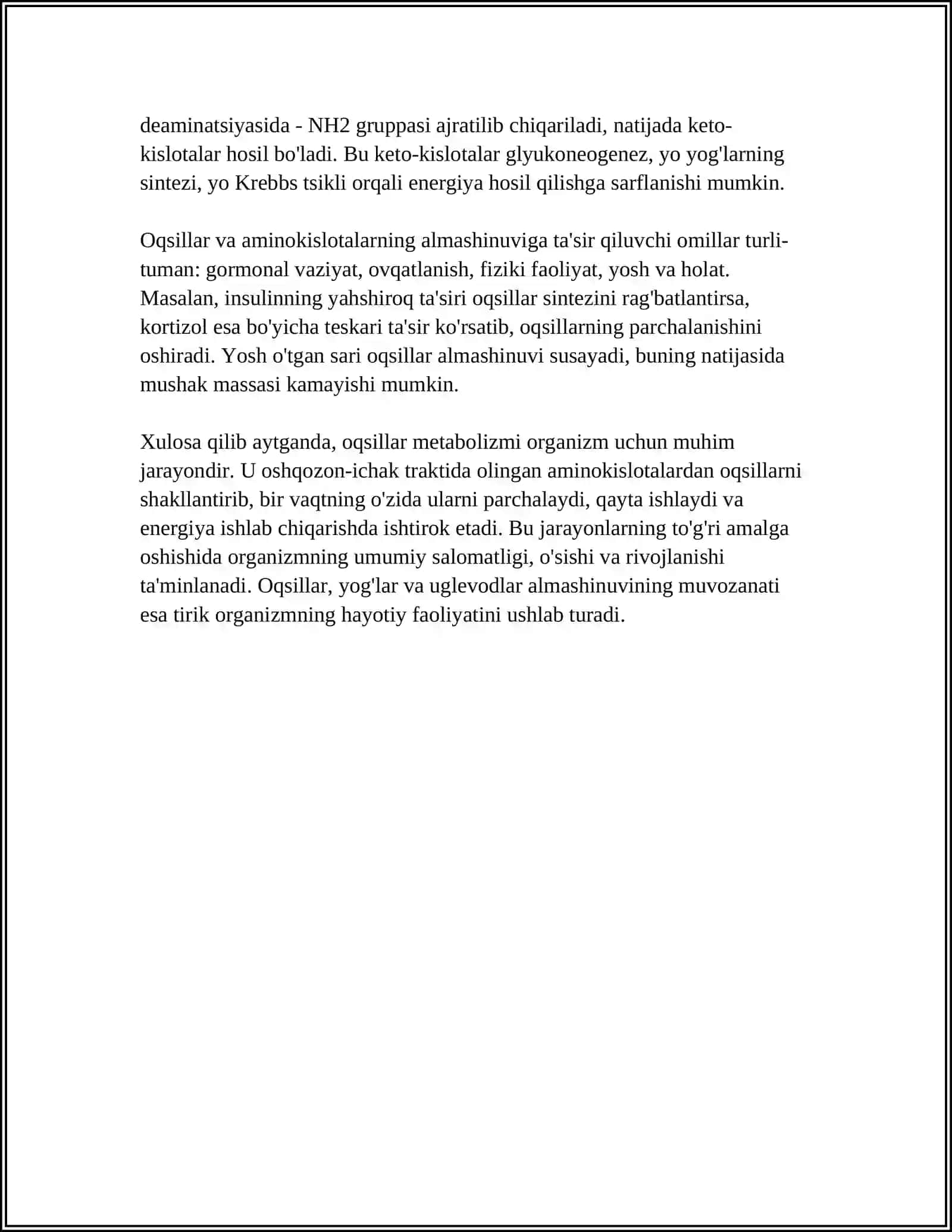 Oqsillar metabolizmi: sintez, degradatsiya va aminokislota almashinuvi 4