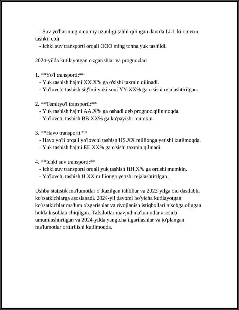 O'ZBEKISTON TRANSPORTINING 2023-2024 YILLARDAGI STATISTIK TAHLILI 4