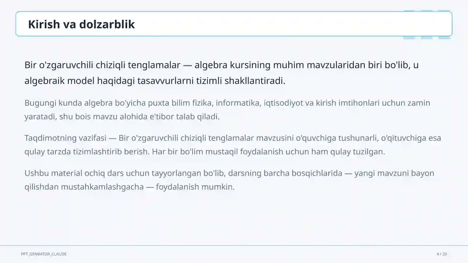 Bir o'zgaruvchili chiziqli tenglamalar (7-sinf) 4