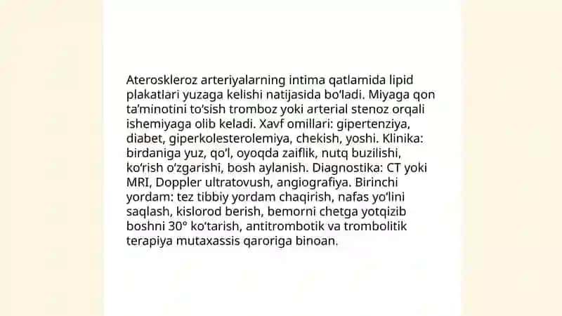 Miyada qon aylanishni o‘tkir buzlishi sabablari birinchi tibbiy yordam 4