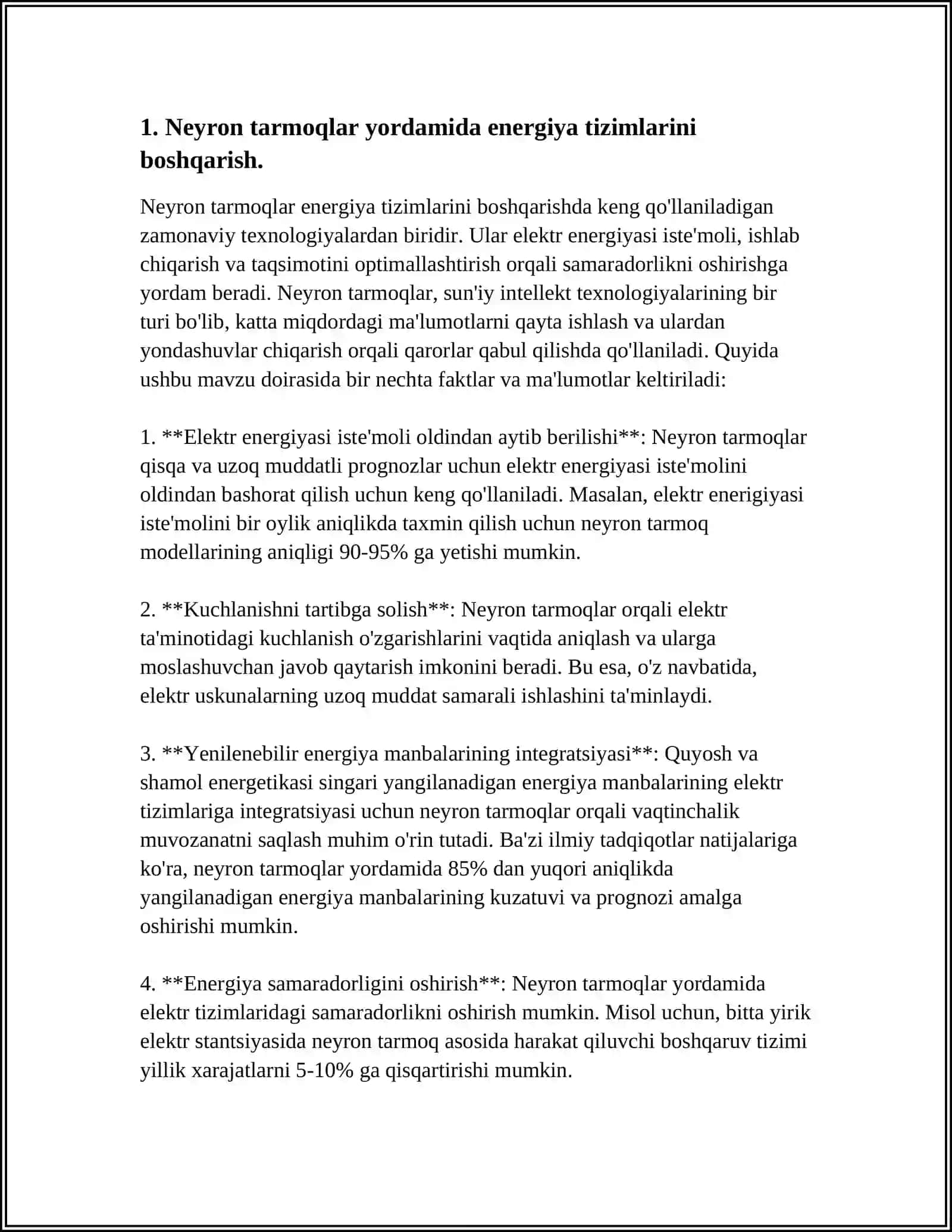 YAGONA ELEKTR ENERGIYA TIZIMINING BARQARORLIGIDA NEYRON TEXNOLOGIYALAR QOʻLLASH IMKONIYATLARI 4