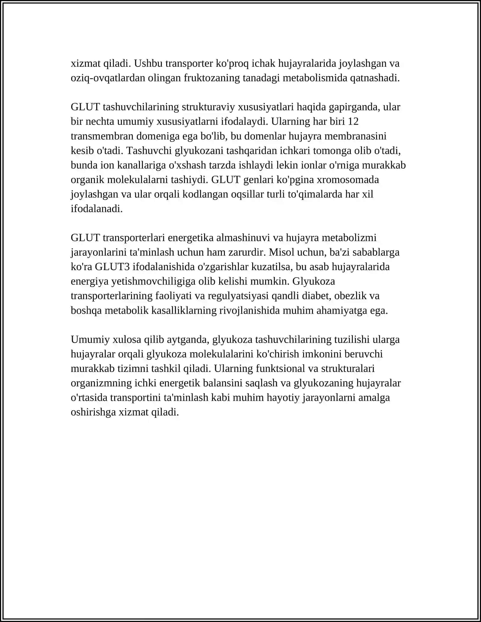 GLYUKOZANI MEMBRANALAR ORQALI GLUKOZA TASHUVCHILARINING TUZILISHI,SPETSIFIKLIGI,KLINIK AHAMIYATI 4
