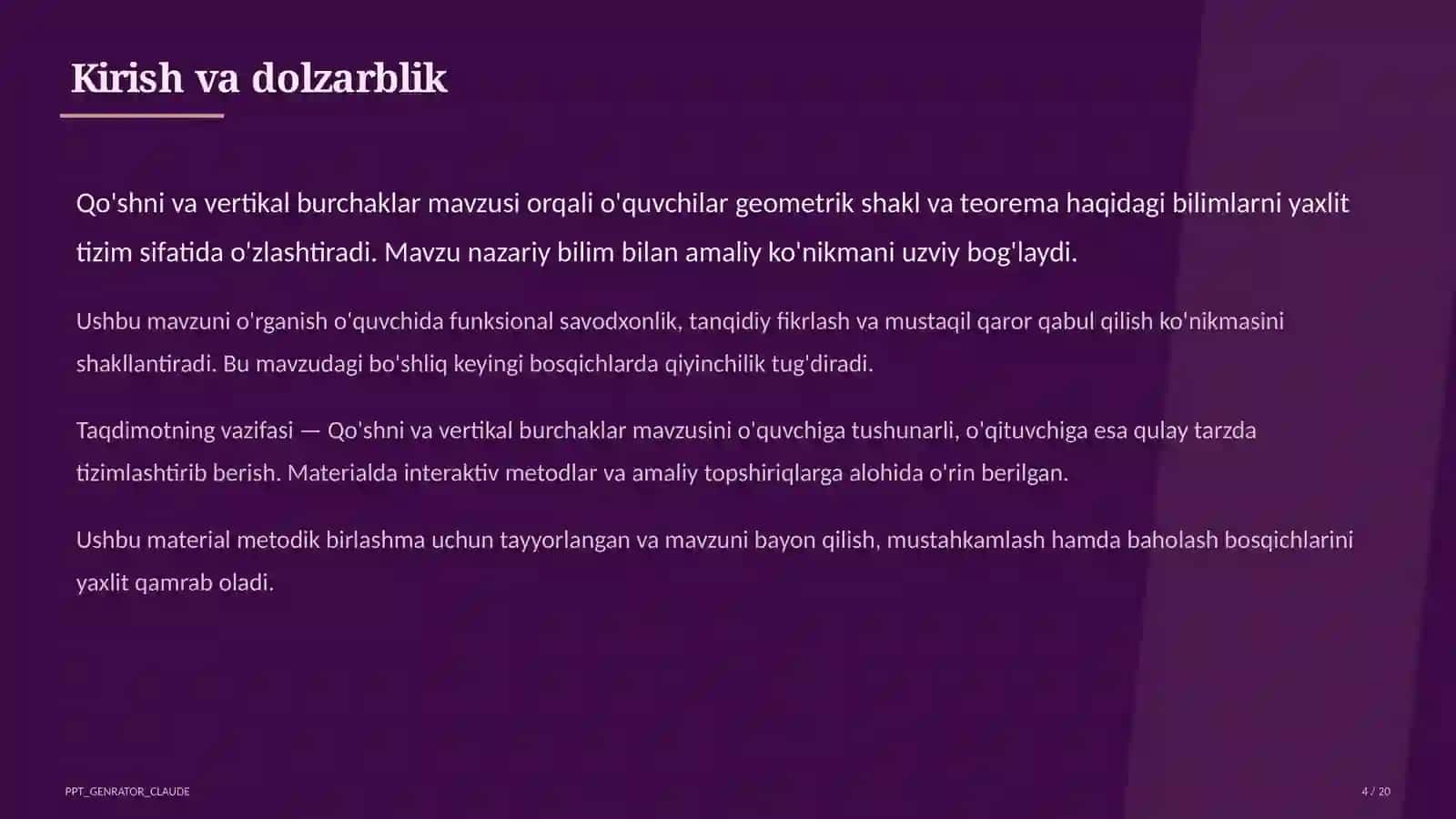 Qo'shni va vertikal burchaklar (7-sinf) 4